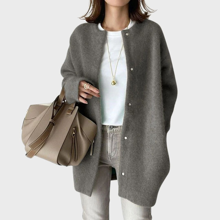 Women's Longline Knit Cardigan with Snap-Button Front and Round Neckline