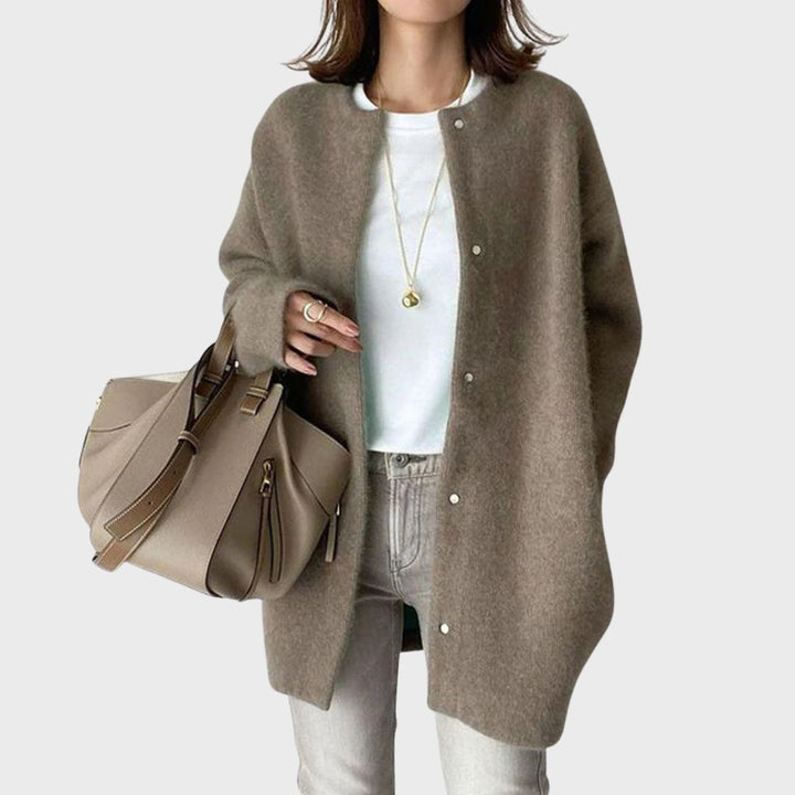 Women's Longline Knit Cardigan with Snap-Button Front and Round Neckline