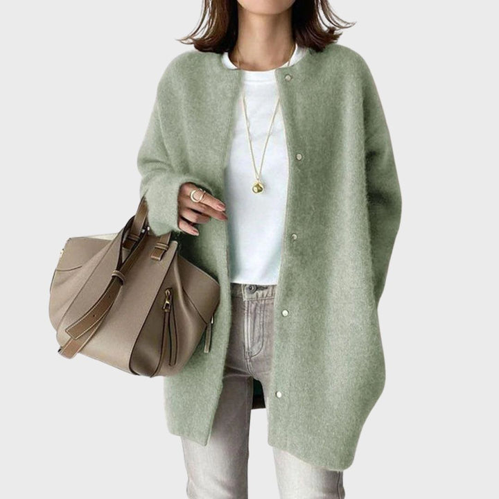 Women's Longline Knit Cardigan with Snap-Button Front and Round Neckline