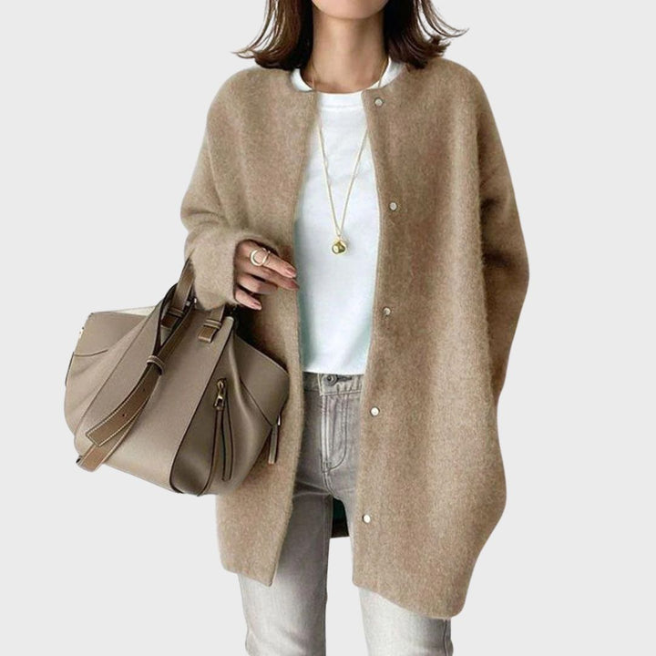 Women's Longline Knit Cardigan with Snap-Button Front and Round Neckline