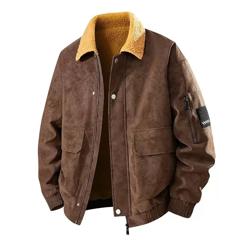 Ravelle Men's Shearling Collar Suede-Texture Aviator Jacket