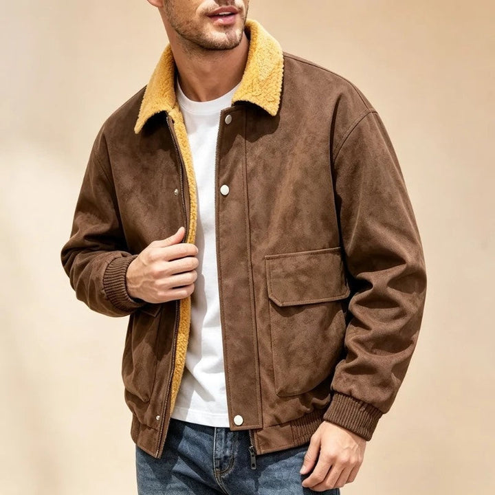 Ravelle Men's Shearling Collar Suede-Texture Aviator Jacket