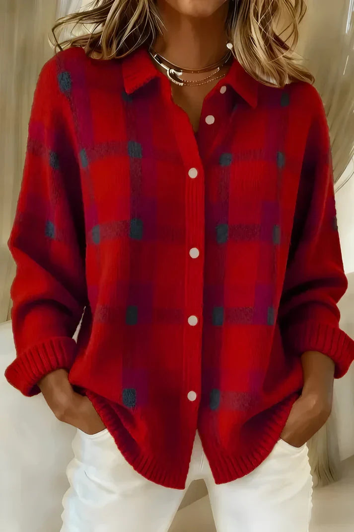Women's Plaid Button-Front Knit Cardigan in Blue and Orange