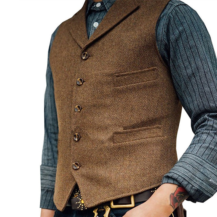 Beckett Men's Herringbone Single-Breasted Tweed Vest with Notch Lapel