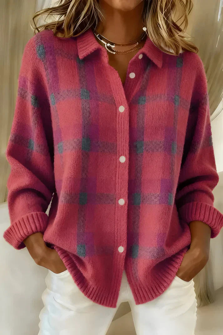 Women's Plaid Button-Front Knit Cardigan in Blue and Orange