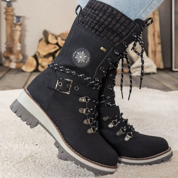 Women's Lace-Up Winter Boots with Knit Cuff and Buckle Strap