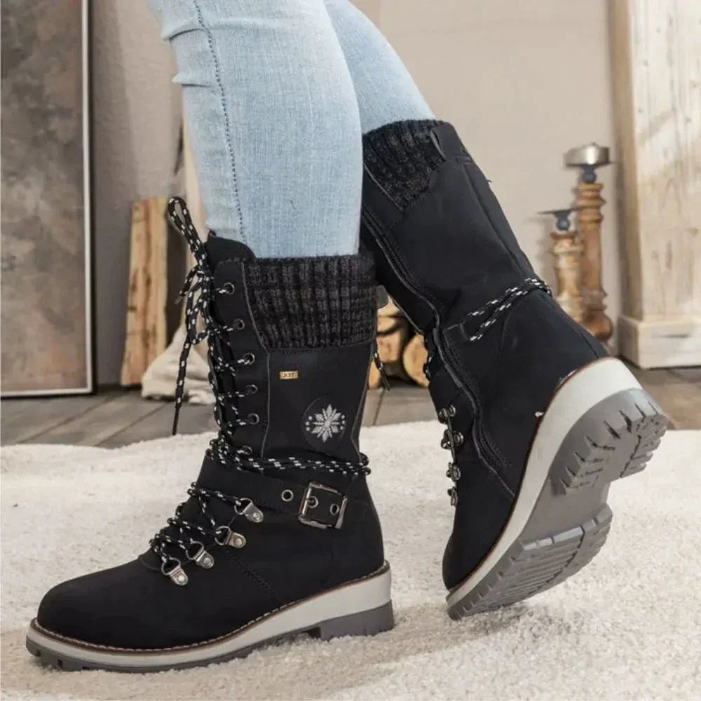 Women's Lace-Up Winter Boots with Knit Cuff and Buckle Strap