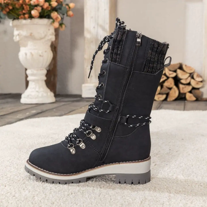 Women's Lace-Up Winter Boots with Knit Cuff and Buckle Strap