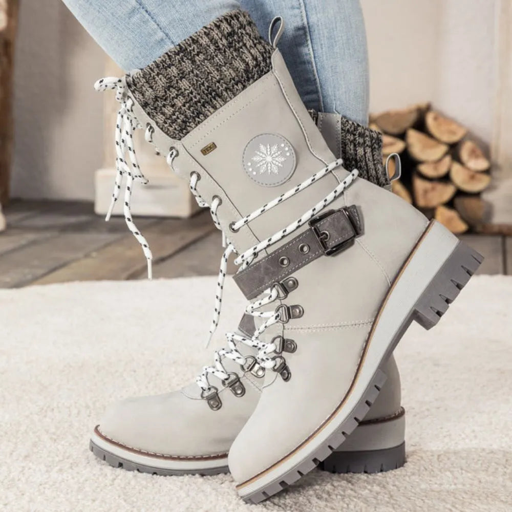 Women's Lace-Up Winter Boots with Knit Cuff and Buckle Strap