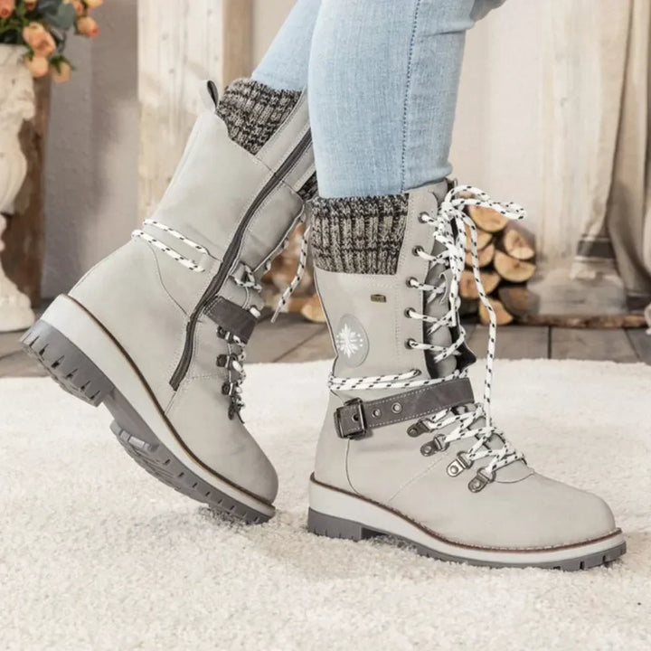 Women's Lace-Up Winter Boots with Knit Cuff and Buckle Strap