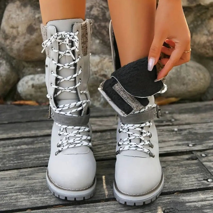 Women's Lace-Up Winter Boots with Knit Cuff and Buckle Strap