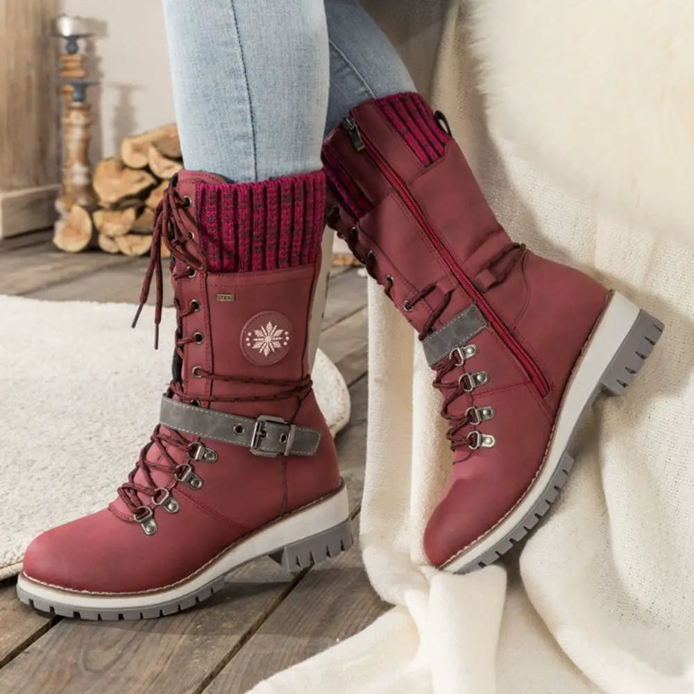 Women's Lace-Up Winter Boots with Knit Cuff and Buckle Strap