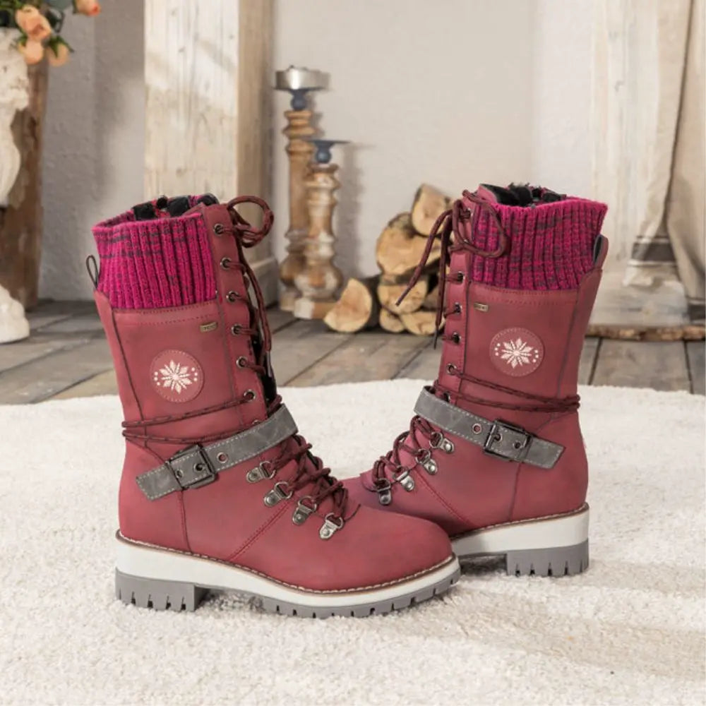 Women's Lace-Up Winter Boots with Knit Cuff and Buckle Strap