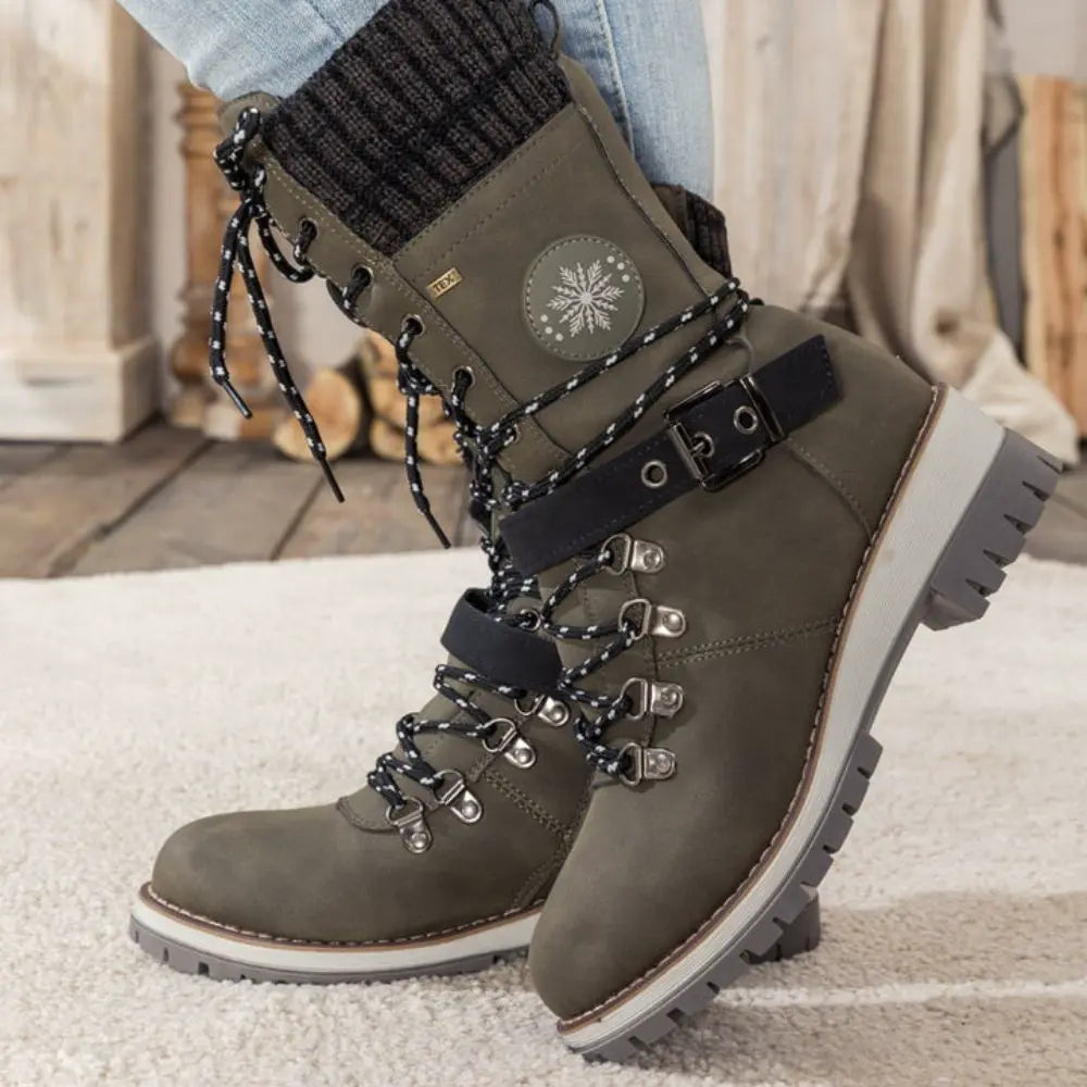 Women's Lace-Up Winter Boots with Knit Cuff and Buckle Strap