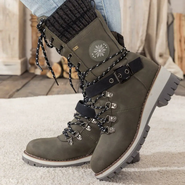 Women's Lace-Up Winter Boots with Knit Cuff and Buckle Strap