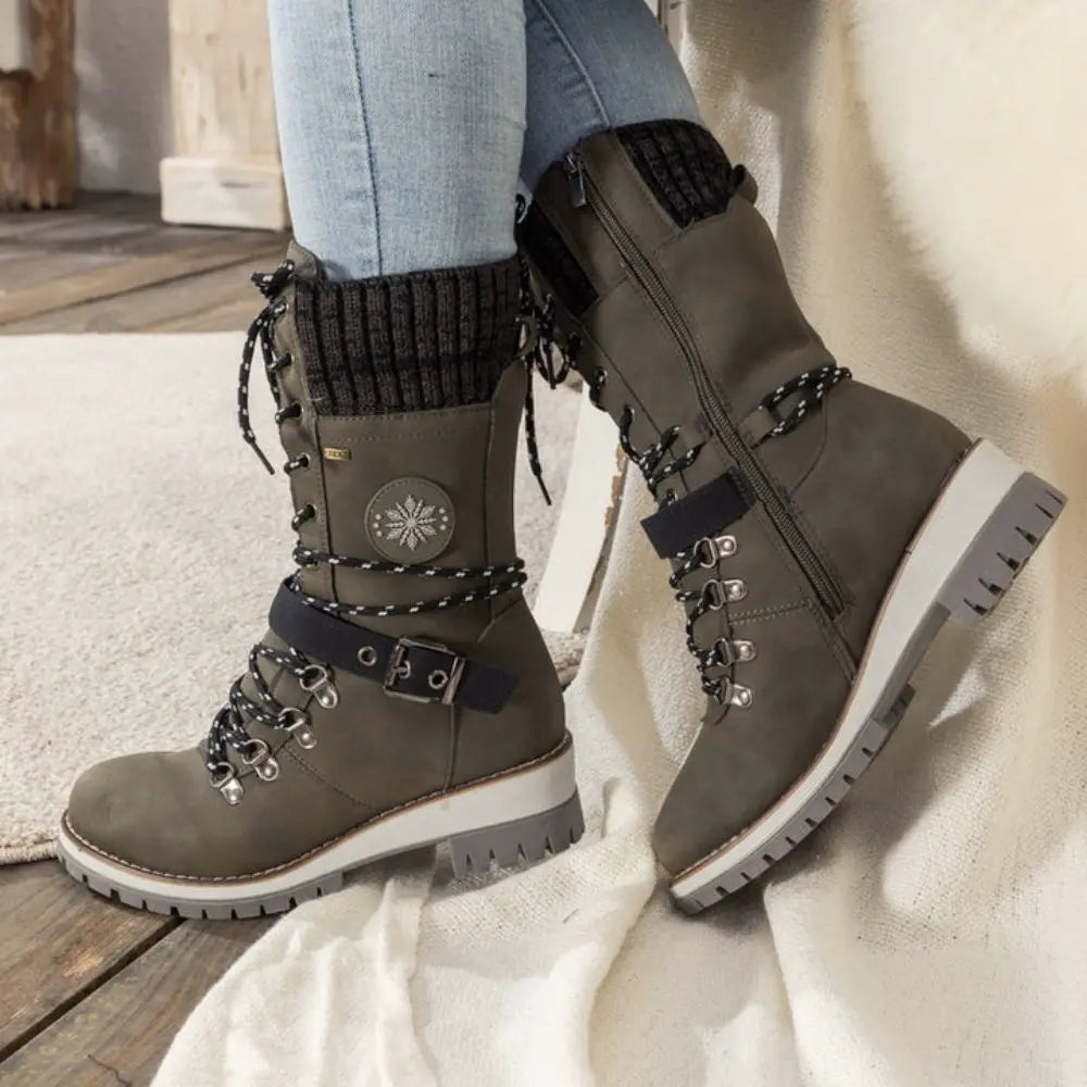 Women's Lace-Up Winter Boots with Knit Cuff and Buckle Strap