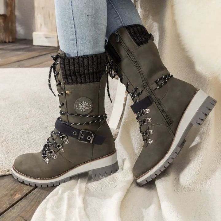 Women's Lace-Up Winter Boots with Knit Cuff and Buckle Strap