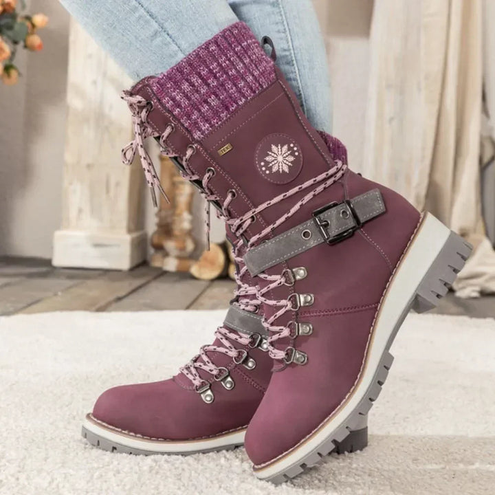 Women's Lace-Up Winter Boots with Knit Cuff and Buckle Strap