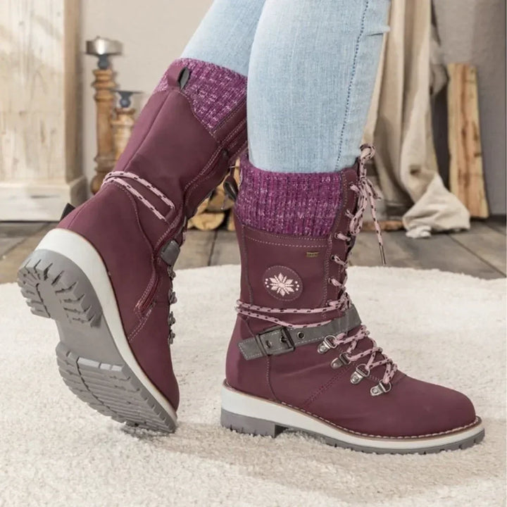 Women's Lace-Up Winter Boots with Knit Cuff and Buckle Strap