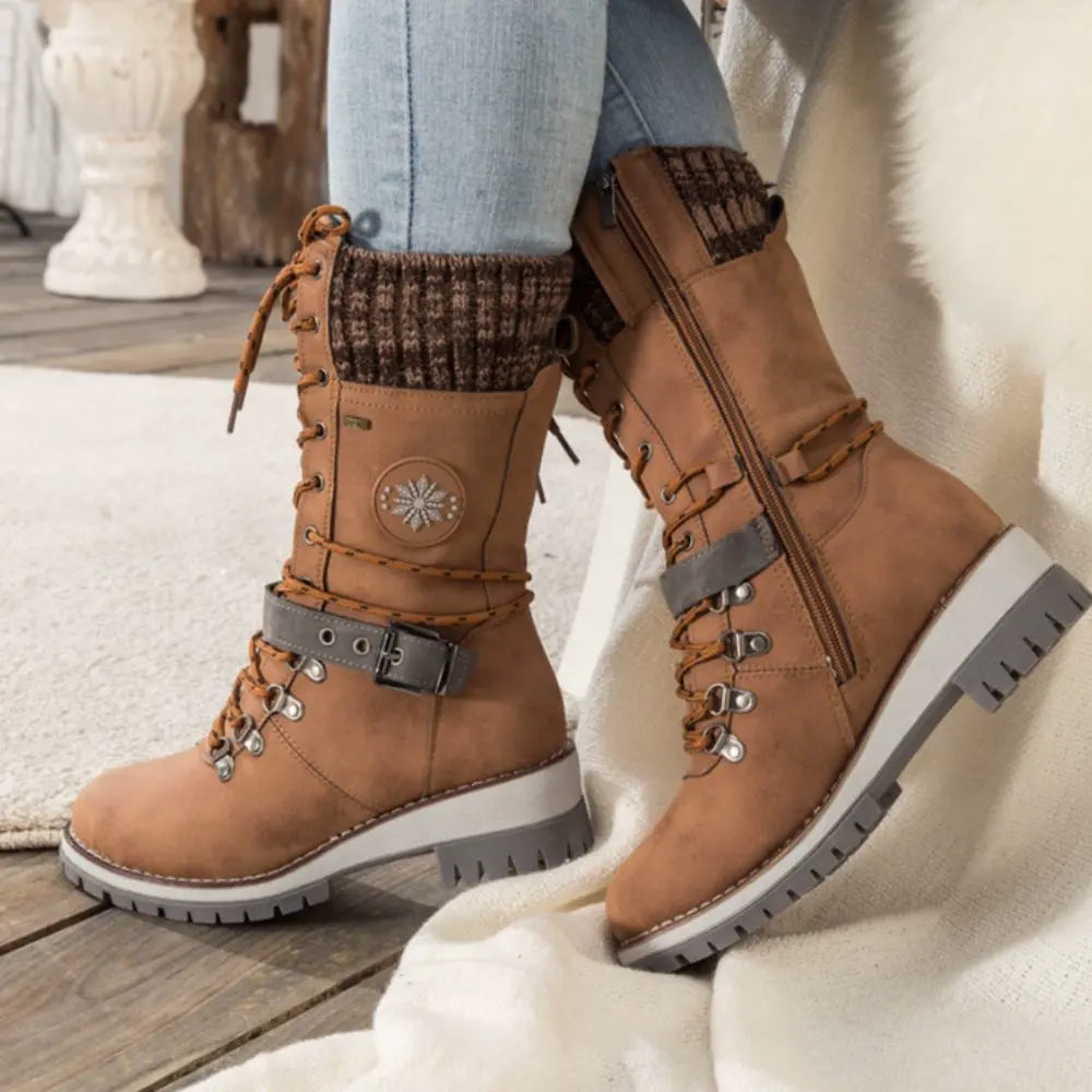 Women's Lace-Up Winter Boots with Knit Cuff and Buckle Strap