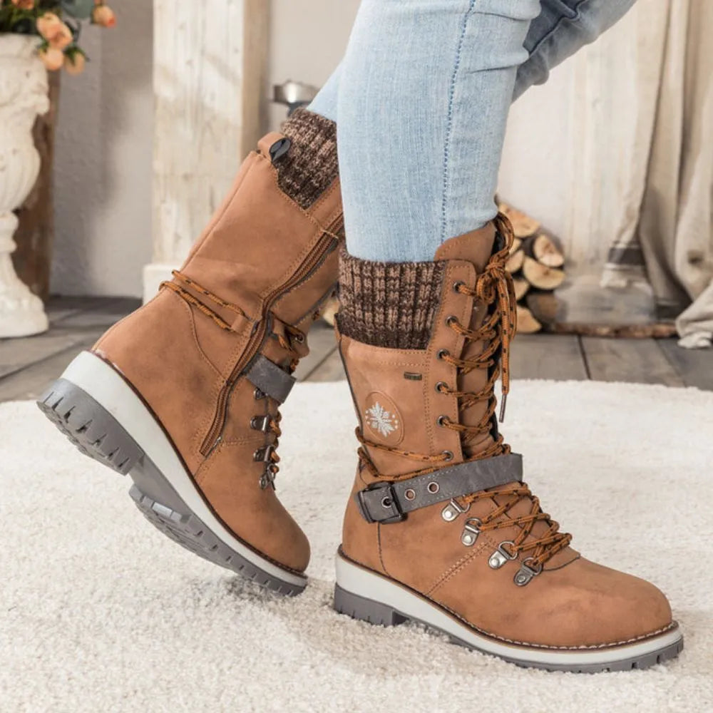 Women's Lace-Up Winter Boots with Knit Cuff and Buckle Strap