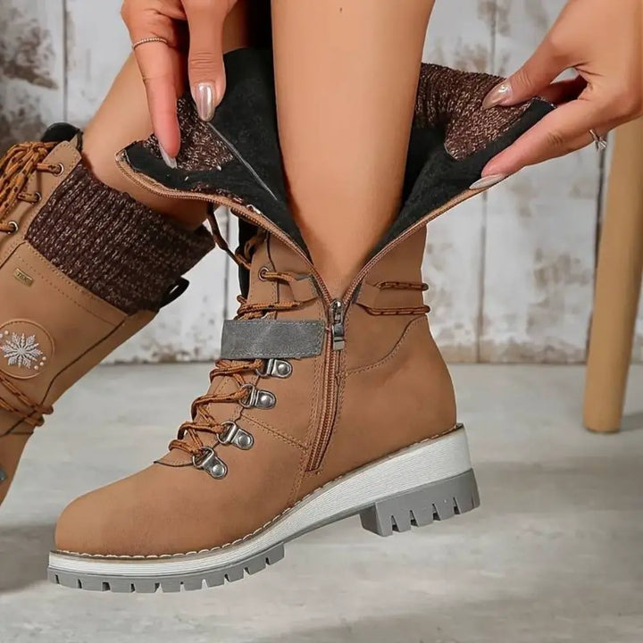 Women's Lace-Up Winter Boots with Knit Cuff and Buckle Strap