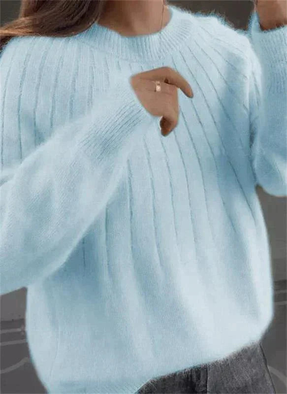 Women's Ribbed Crew Neck Oversized Knit Sweater in Blue