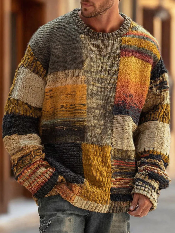 Men's Patchwork Abstract Knit Pullover Sweater with Crew Neck