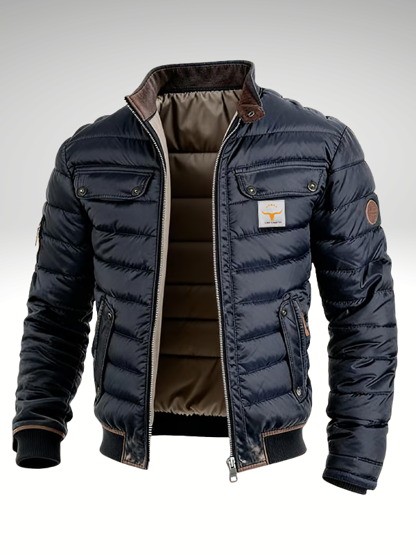 Sterling Men's Quilted Bomber Jacket with Stand Collar and Multiple Pockets
