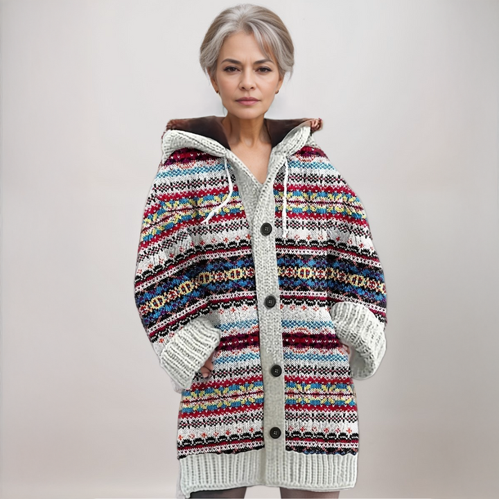 Women's Fair Isle Hooded Knit Cardigan with Button Front and Front Pockets