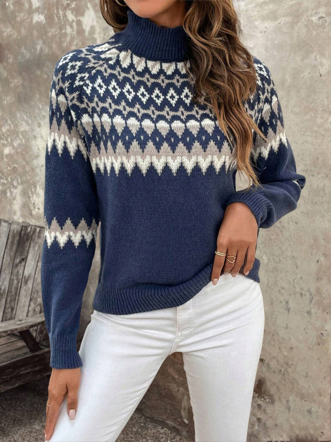 Women's Fair Isle Turtleneck Knit Sweater with Long Sleeves in Navy Blue