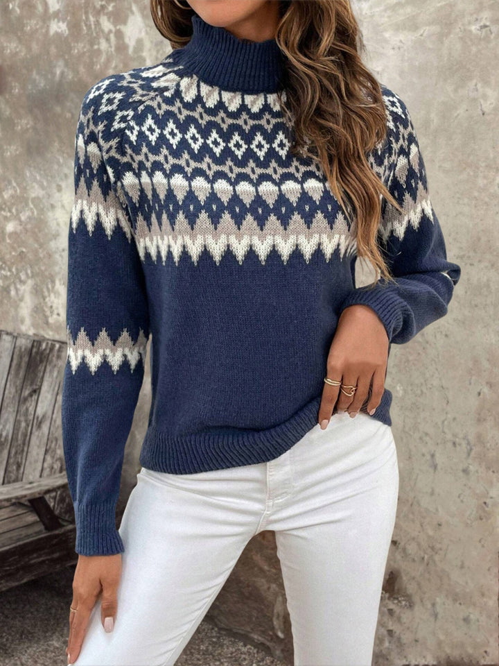 Women's Fair Isle Turtleneck Knit Sweater with Long Sleeves in Navy Blue