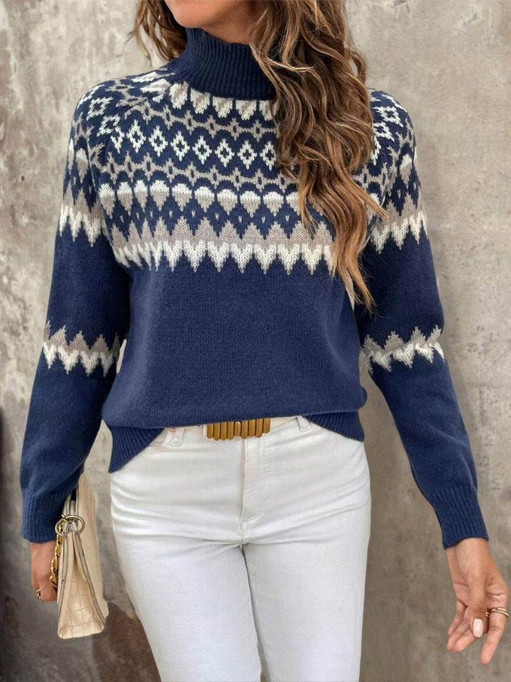 Women's Fair Isle Turtleneck Knit Sweater with Long Sleeves in Navy Blue