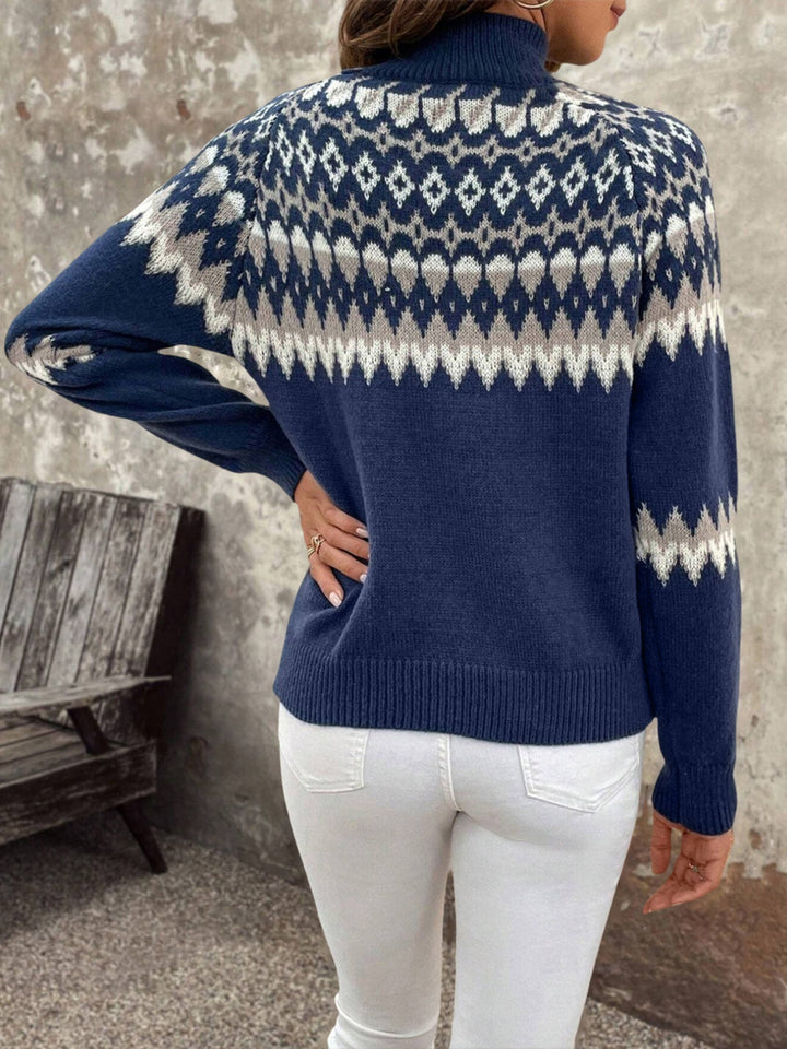 Women's Fair Isle Turtleneck Knit Sweater with Long Sleeves in Navy Blue