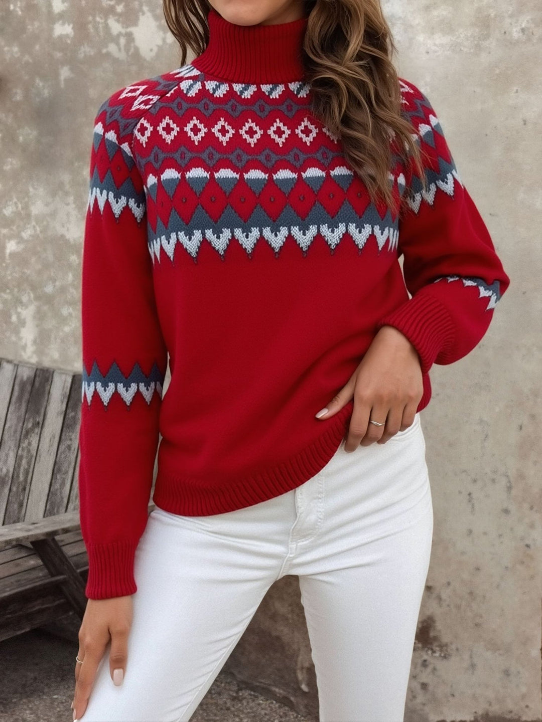 Women's Fair Isle Turtleneck Knit Sweater with Long Sleeves in Navy Blue
