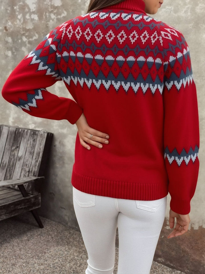 Women's Fair Isle Turtleneck Knit Sweater with Long Sleeves in Navy Blue