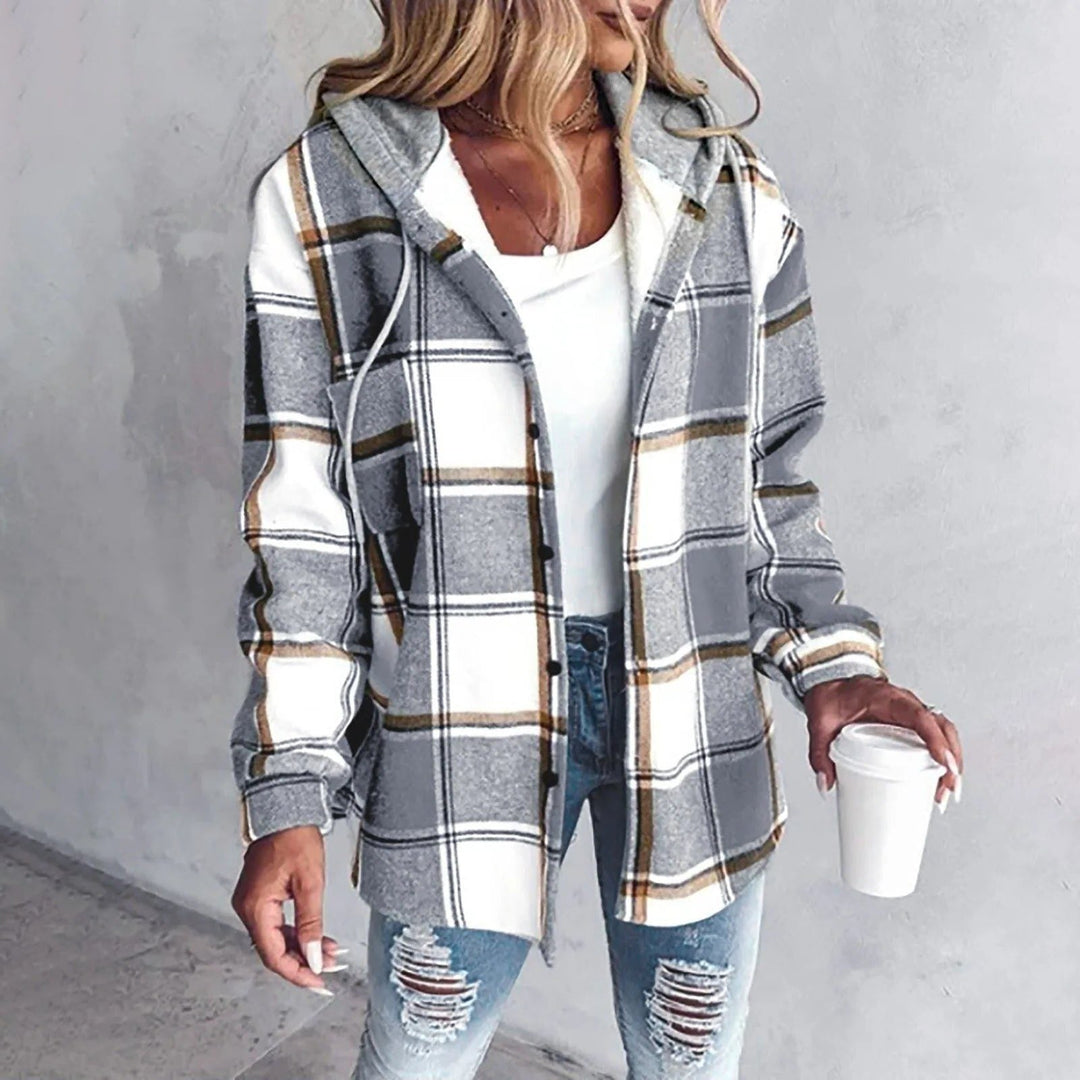 Women's Plaid Hooded Shacket Oversized Button-Front Flannel Jacket