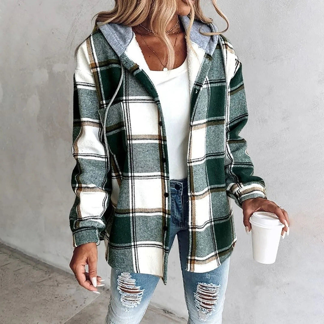 Women's Plaid Hooded Shacket Oversized Button-Front Flannel Jacket