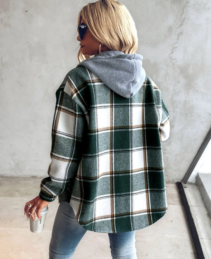 Women's Plaid Hooded Shacket Oversized Button-Front Flannel Jacket