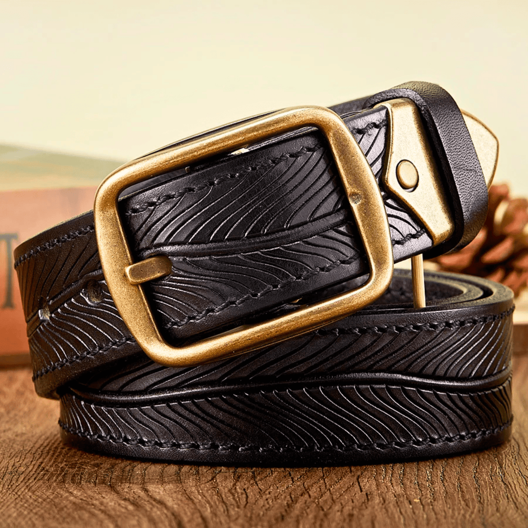 Men's Full-Grain Leather Belt with Embossed Detail and Vintage Brass Buckle