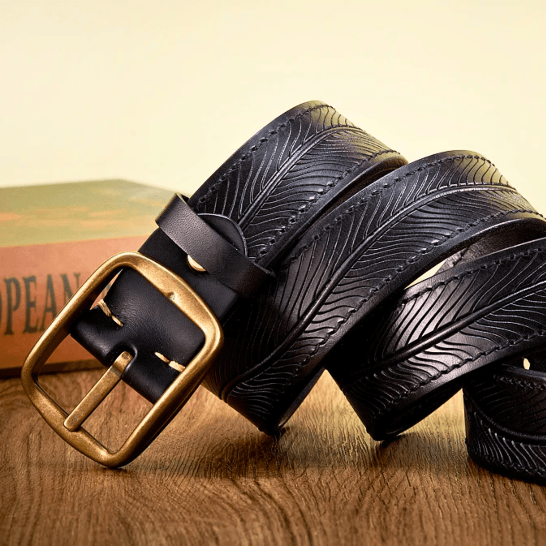 Men's Full-Grain Leather Belt with Embossed Detail and Vintage Brass Buckle