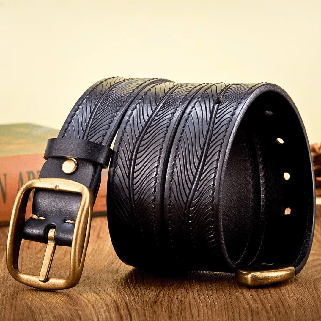 Men's Full-Grain Leather Belt with Embossed Detail and Vintage Brass Buckle