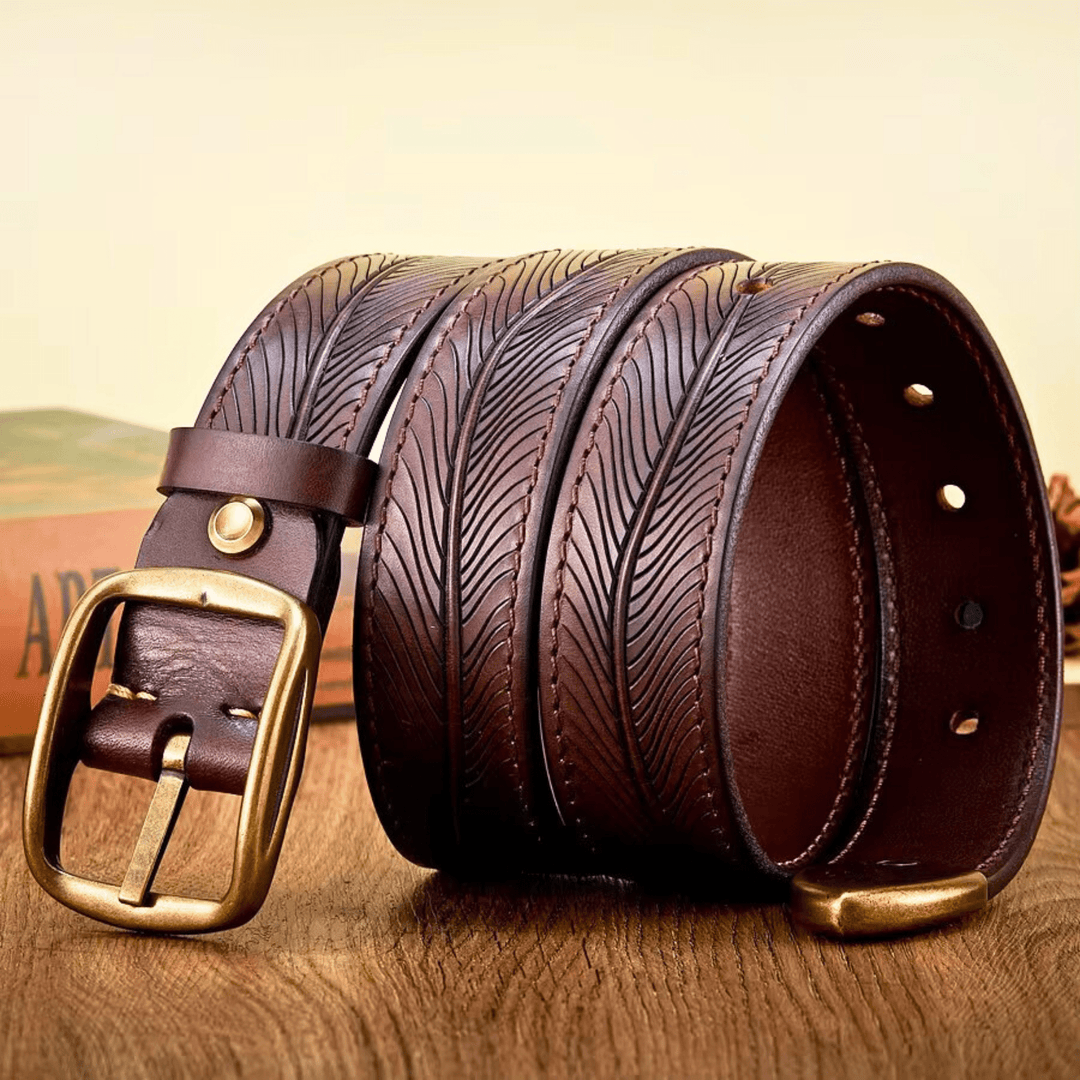 Men's Full-Grain Leather Belt with Embossed Detail and Vintage Brass Buckle