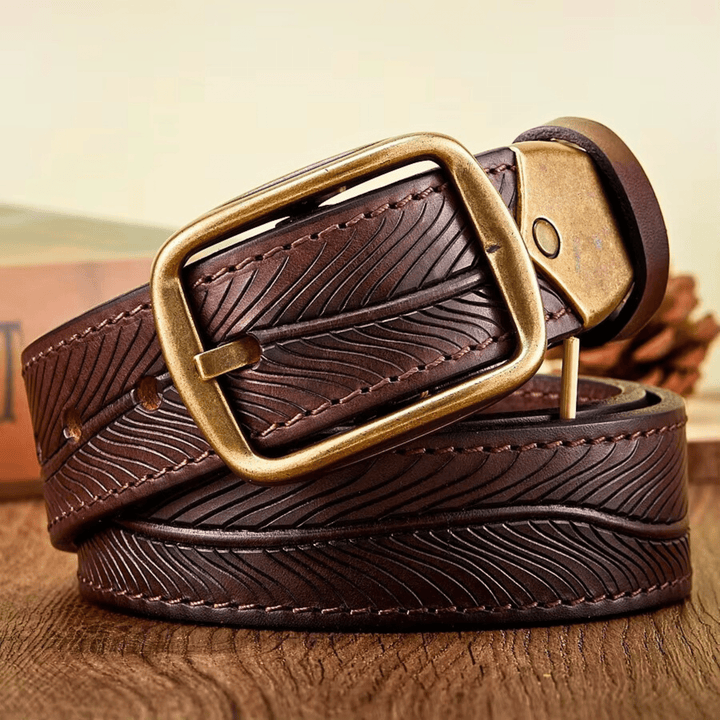 Men's Full-Grain Leather Belt with Embossed Detail and Vintage Brass Buckle