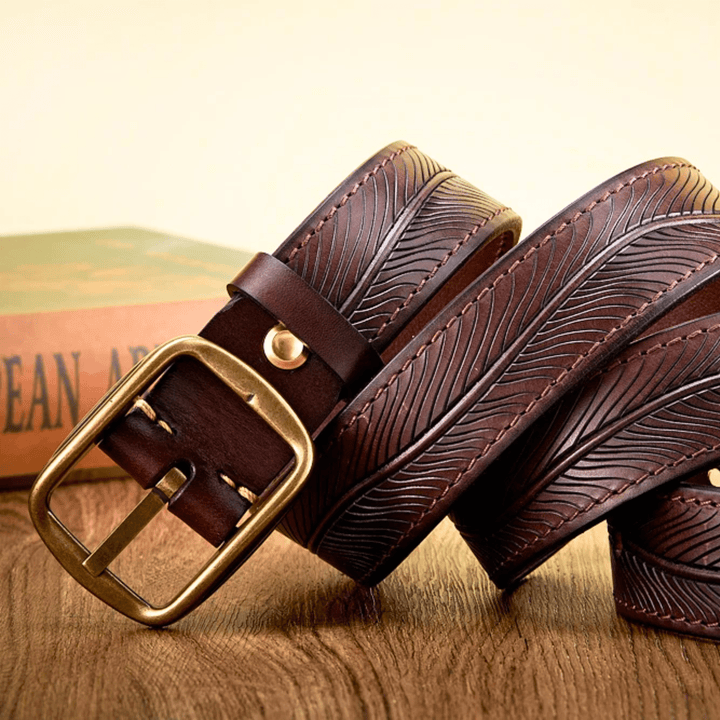 Men's Full-Grain Leather Belt with Embossed Detail and Vintage Brass Buckle