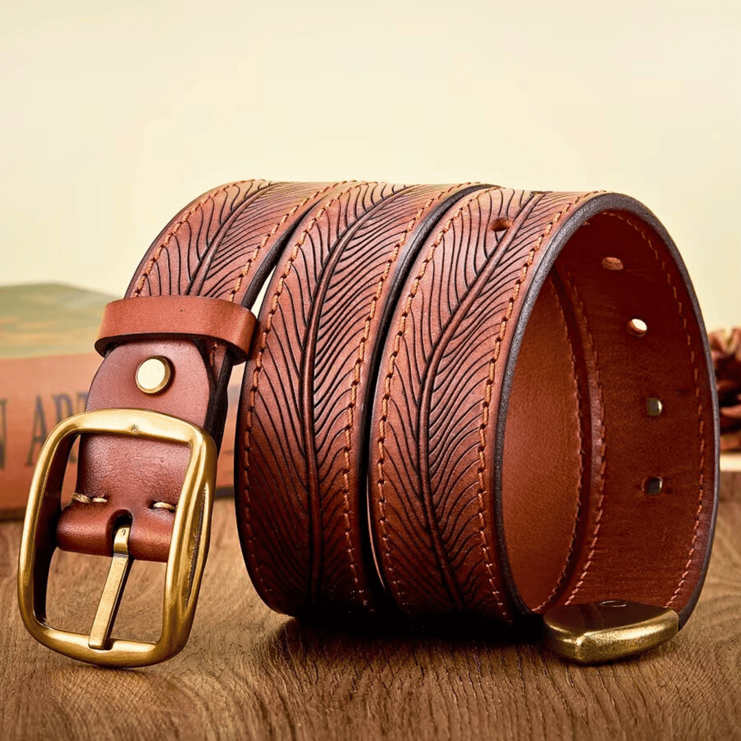 Men's Full-Grain Leather Belt with Embossed Detail and Vintage Brass Buckle