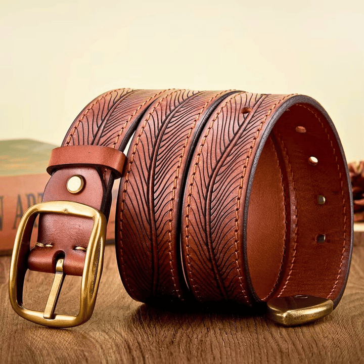 Men's Full-Grain Leather Belt with Embossed Detail and Vintage Brass Buckle