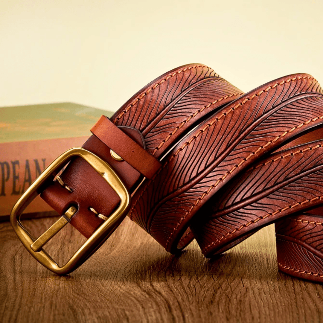 Men's Full-Grain Leather Belt with Embossed Detail and Vintage Brass Buckle
