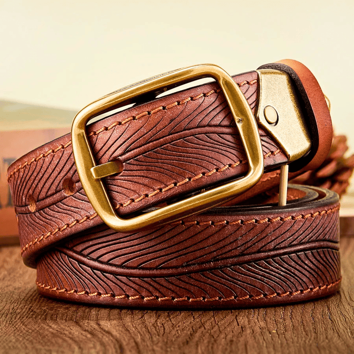 Men's Full-Grain Leather Belt with Embossed Detail and Vintage Brass Buckle