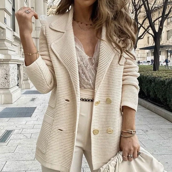 Women's Double-Breasted Ribbed Knit Cardigan with Notched Lapel